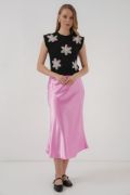 930 Kısa Kol Desenli Crop Bluz - Siyah resmi